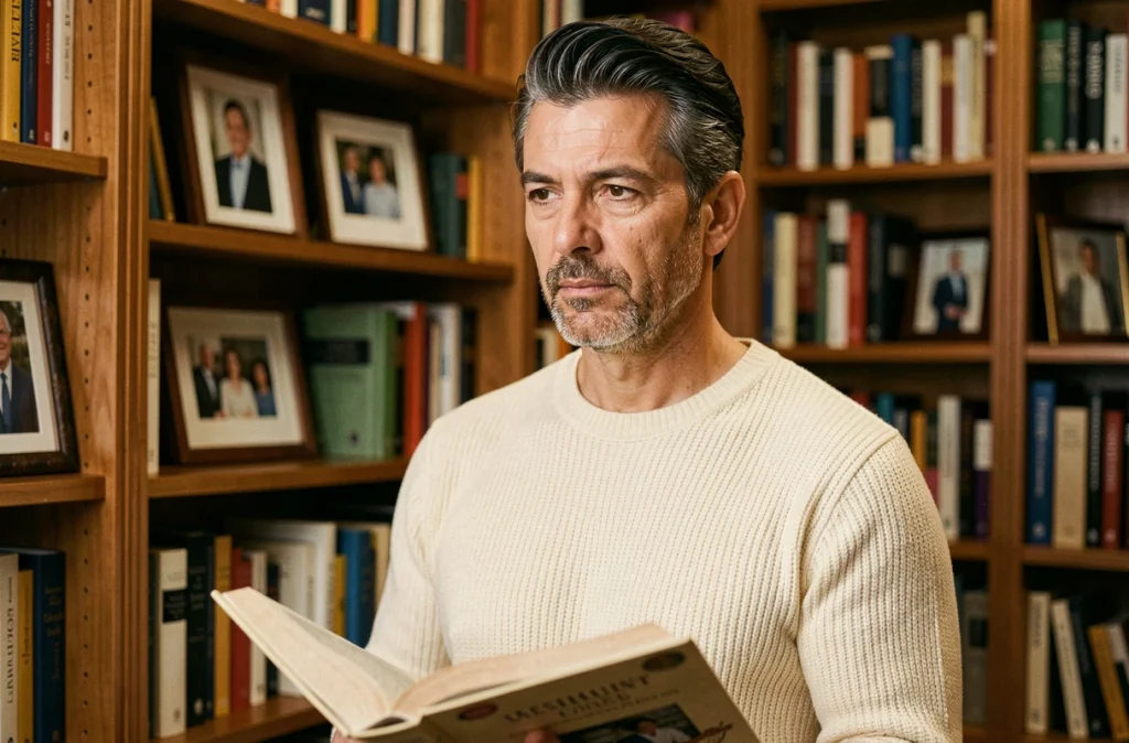 Homme pensif dans une bibliothèque personnelle tenant un livre, portrait intime évoquant la vie privée et les souvenirs