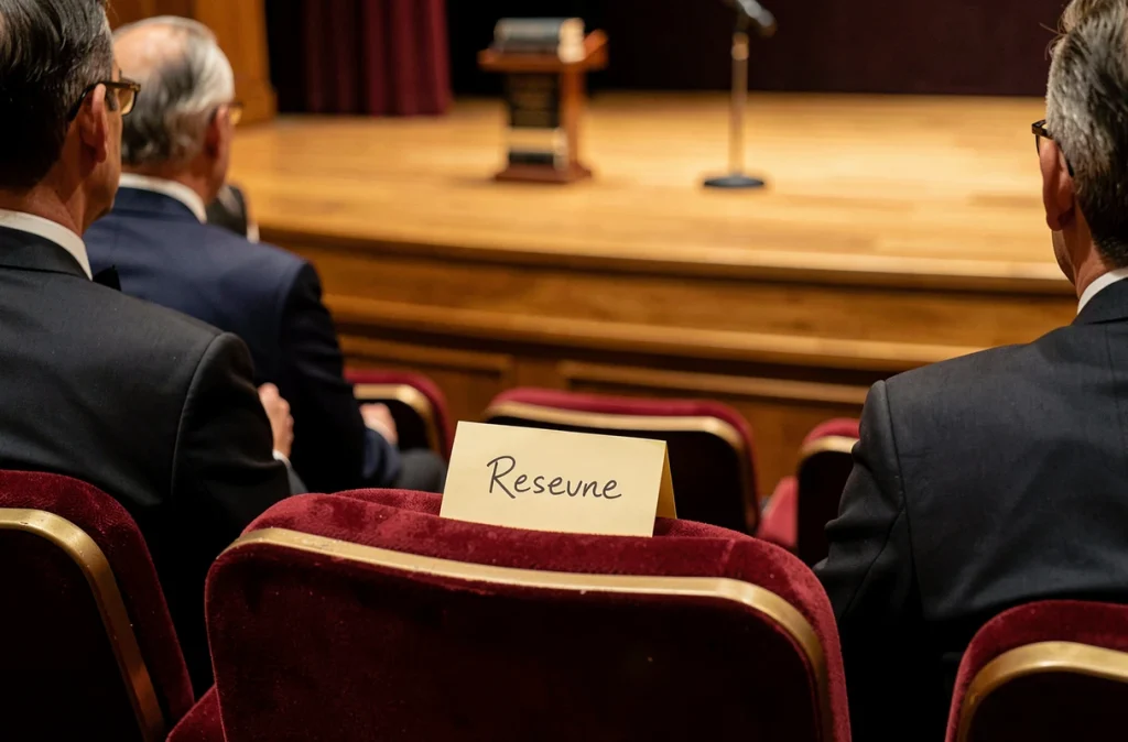 Siège de théâtre réservé avec carton de nom manuscrit lors d'un événement littéraire élégant, symbolisant la curiosité publique respectueuse envers un auteur comme Éric-Emmanuel Schmitt