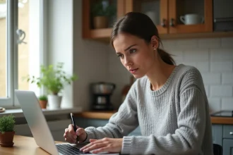 Jeune mère concentrée en train de remplir un formulaire de simulation de congé parental CAF sur un ordinateur portable, entourée de documents administratifs sur une table en bois