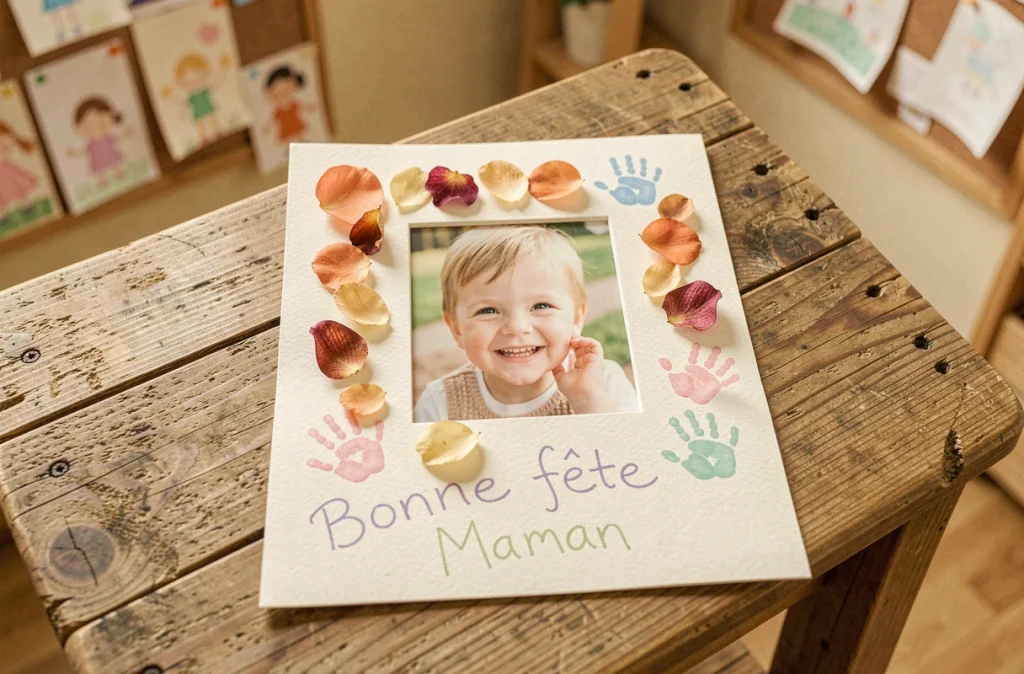 Souvenir artisanal fête des mères réalisé en crèche avec photo de l'enfant, empreintes de mains et message écrit en crayon