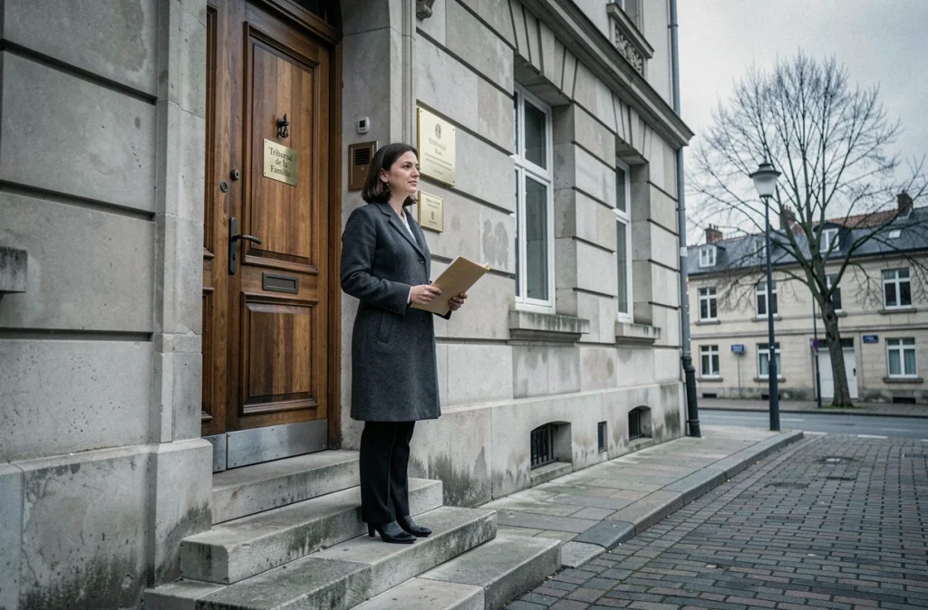 Femme devant un tribunal de la famille tenant un dossier d'adoption simple lors d'une procédure de divorce