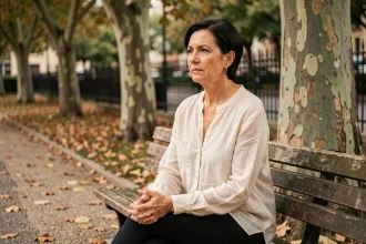 Femme introspective assise seule sur un banc dans un parc automnal, évoquant le deuil et la résilience émotionnelle