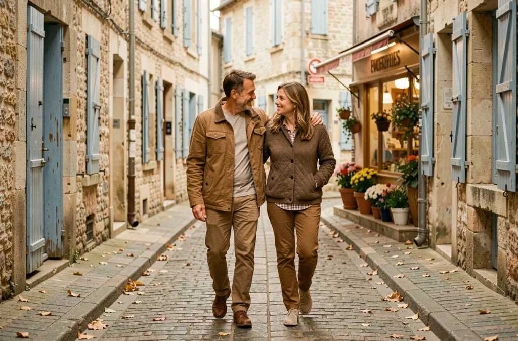 Couple discret marchant côte à côte dans une rue pavée d'une ville française, illustrant une nouvelle histoire d'amour après le deuil