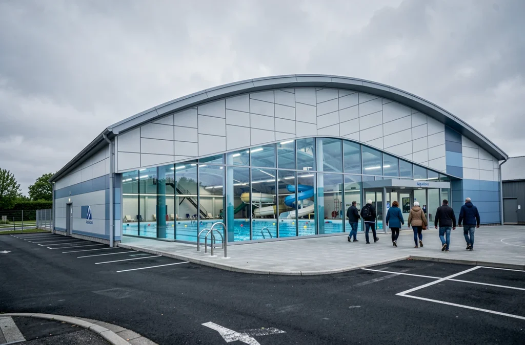 Façade contemporaine du centre aquatique Aqua'Lons à Lons dans le bassin lensois