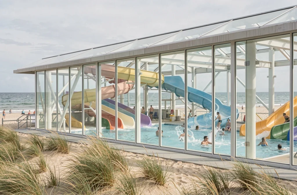 Façade vitrée du parc aquatique Aqualud au Touquet avec l'océan Atlantique en arrière-plan
