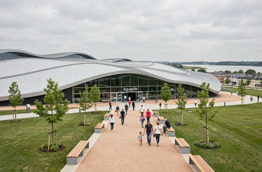 Vue extérieure de l'Aquapôle d'Amiens, le grand complexe aquatique des Hauts-de-France, avec son architecture moderne
