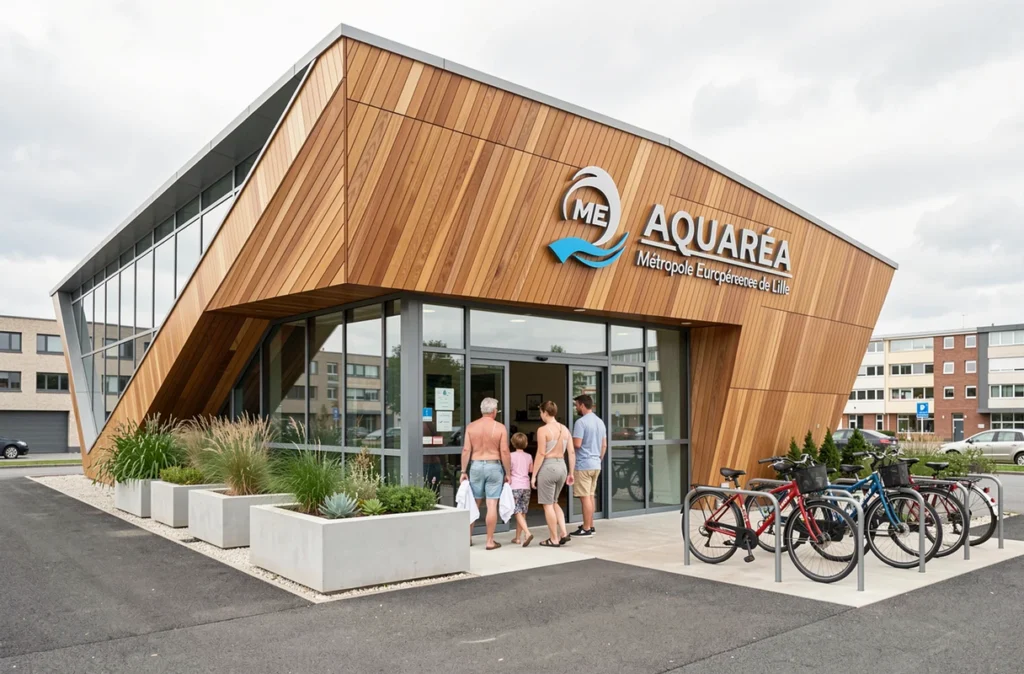 Entrée moderne du centre aquatique Aquaréa à Faches-Thumesnil, complexe aquatique de la MEL