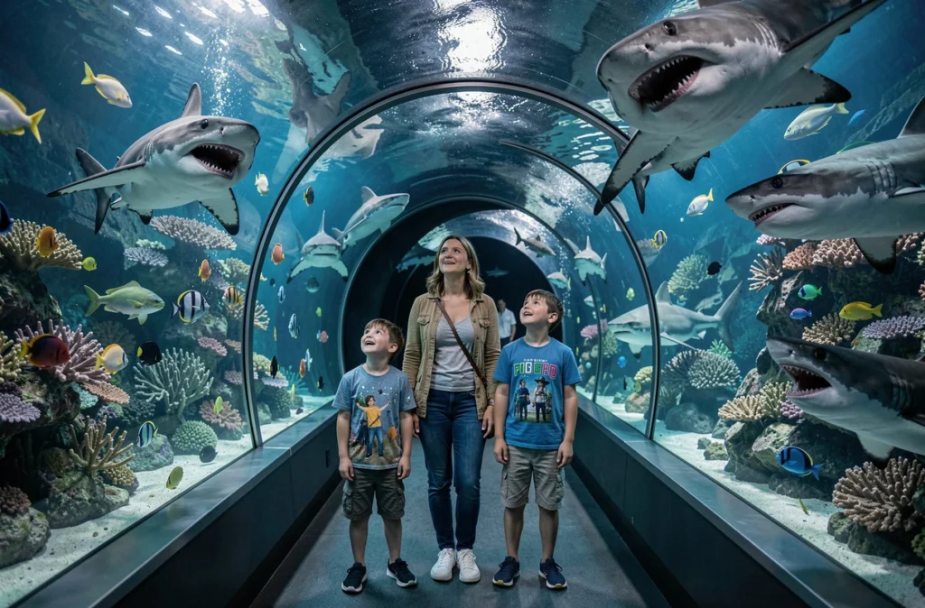 Famille émerveillée dans le tunnel de l'Aquarium de Paris au Trocadéro entouré de poissons et de requins