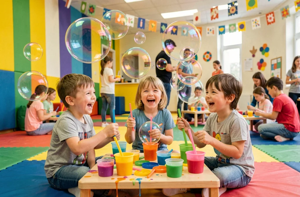 Enfants hilares lors d'un atelier de bulles de savon géantes chez Bulles et Billes à Paris