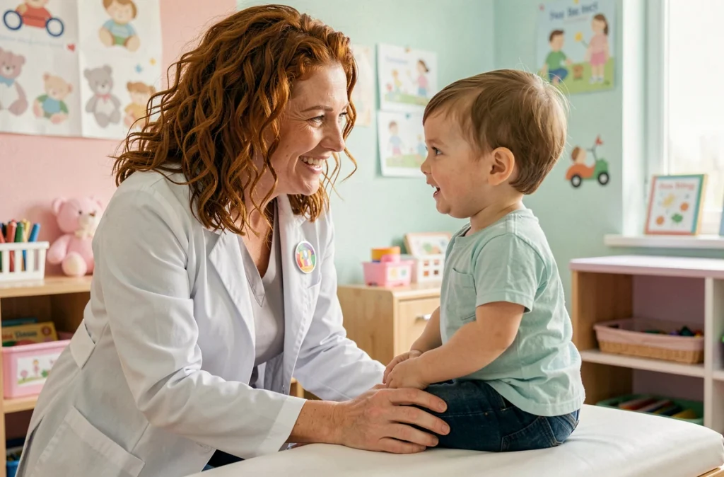 Caroline Marteau-Guergnon, pédiatre à Brest, interagissant avec un jeune enfant en consultation