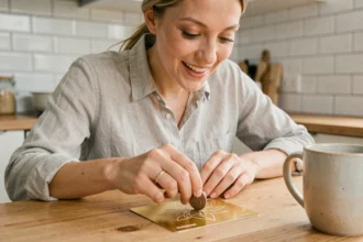 Femme grattant une carte à gratter personnalisée dorée sur une table en bois dans une cuisine moderne