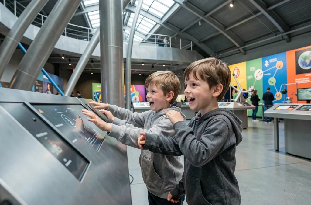 Deux enfants explorant les expositions interactives de la Cité des sciences et de l'industrie à Paris