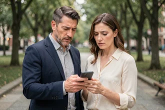 Couple regardant un smartphone avec une expression préoccupée, illustrant la méfiance face aux fausses images sur les réseaux sociaux