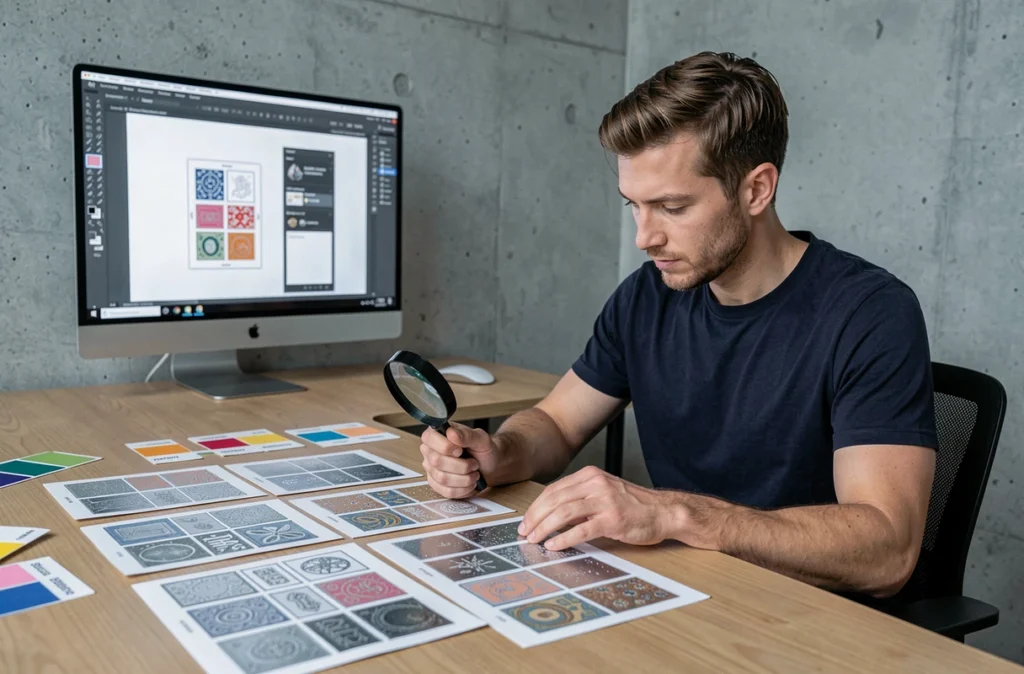 Designer graphique comparant des prototypes de cartes à gratter personnalisées dans un studio professionnel