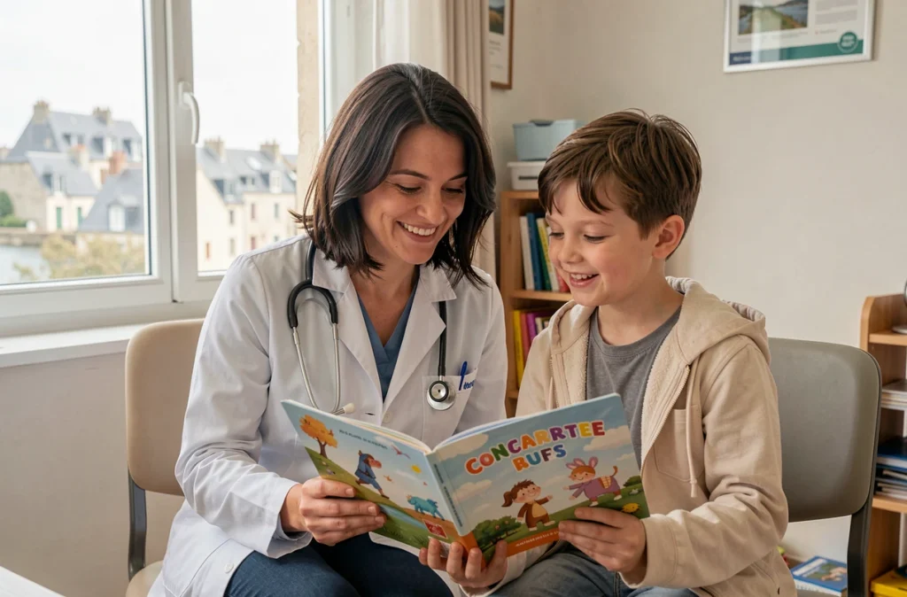 Dr Céline Marrec, pédiatre à Concarneau, lisant avec un jeune patient lors d'une consultation