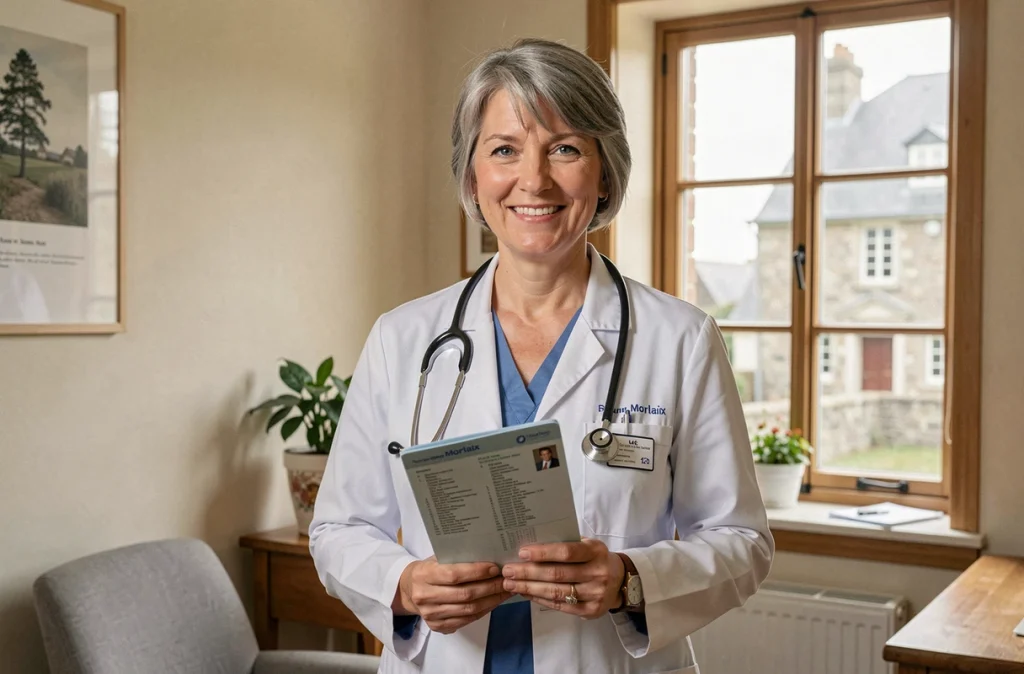 Dr Isabelle Boucher, pédiatre à Morlaix, dans son cabinet avec vue sur l'architecture bretonne