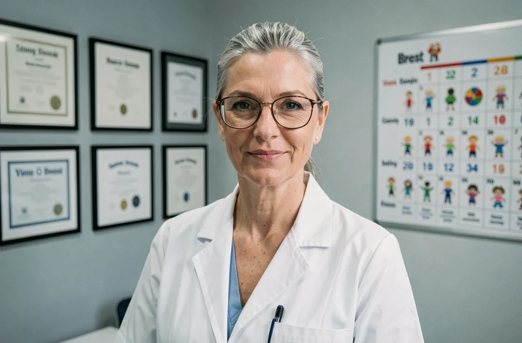 Dr Marie-Claire Robin-Labadens, pédiatre à Brest, dans son cabinet avec diplômes en arrière-plan