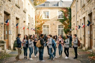 Élèves de différentes origines dans la cour d'une école bilingue des Pays de la Loire, avec des drapeaux de langues visibles près des salles de classe