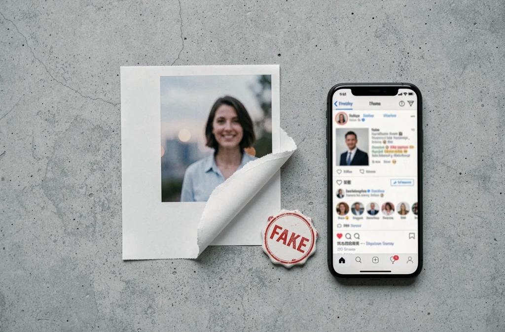Mise en scène d'une fausse photo de couple avec un tampon 'FAKE' illustrant les images manipulées sur les réseaux sociaux