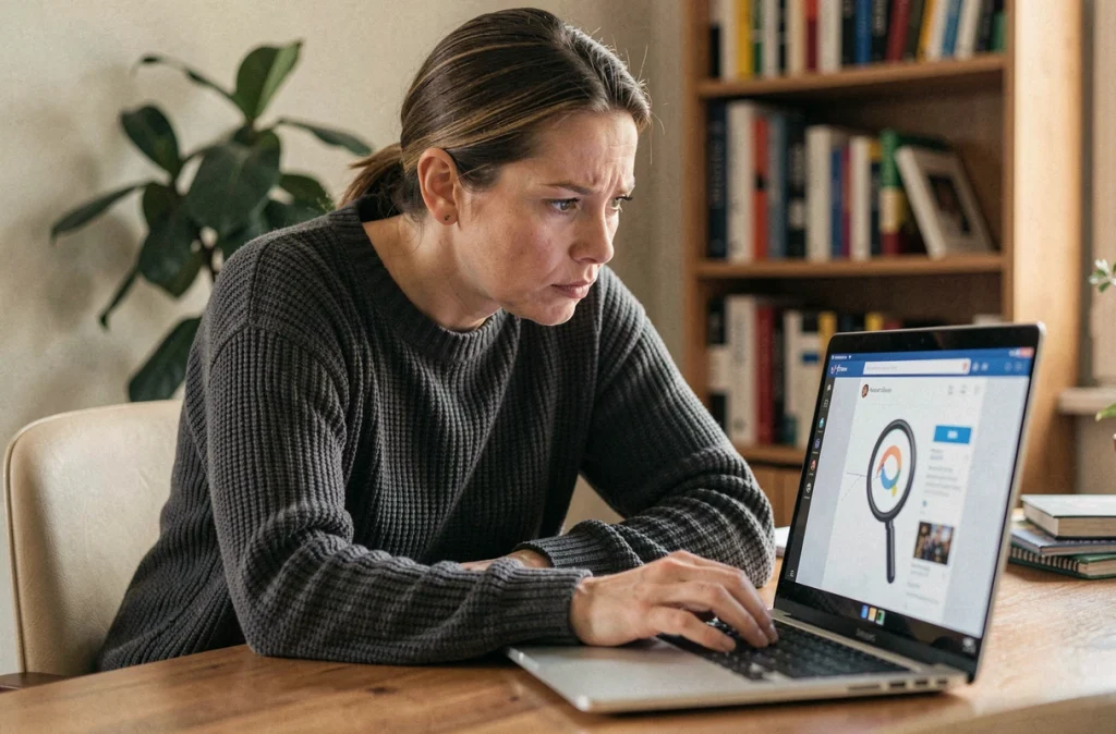Femme analysant des contenus sur un ordinateur portable, symbolisant la vérification des images trompeuses sur internet