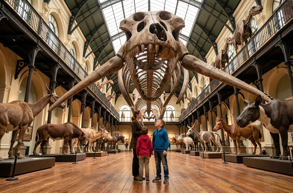 Mère et enfants contemplant le squelette de baleine suspendu dans la Grande Galerie de l'Évolution à Paris