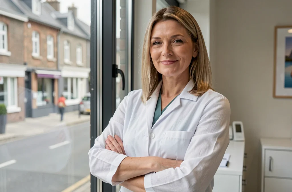 Hélène Le Scornet, pédiatre à Quimper, dans son cabinet avec vue sur la ville