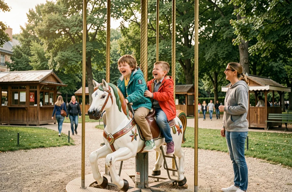 Enfants souriants sur le manège du Jardin d'Acclimatation à Paris