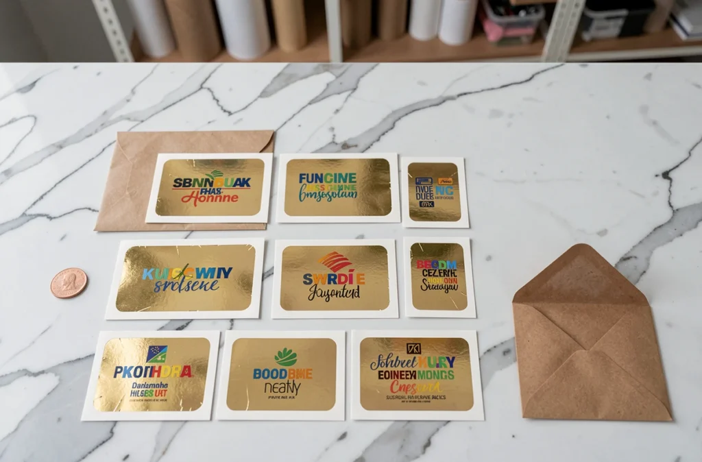 Lot de cartes à gratter personnalisées disposées en flat lay sur un marbre blanc avec une enveloppe kraft