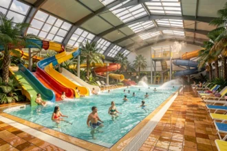 Vue d'ensemble d'un parc aquatique couvert dans le Nord de la France avec toboggans colorés, piscines et familles en vacances