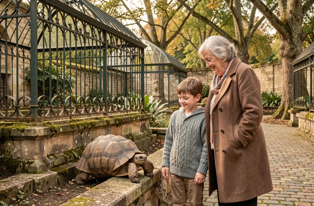 Un jeune garçon et sa grand-mère observant une tortue à la Ménagerie du Jardin des Plantes à Paris