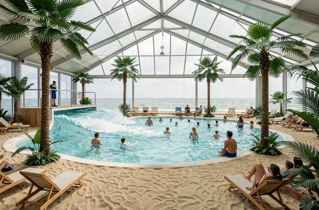 Piscine à vagues intérieure de l'Océade de Dunkerque avec plage de sable artificielle et décor tropical couvert