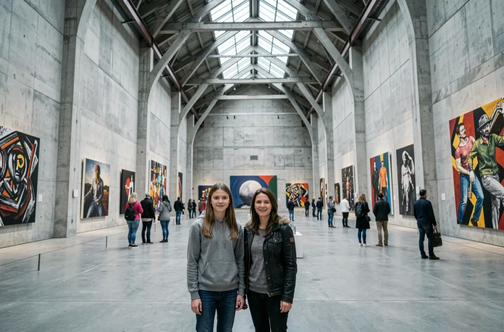 Mère et fille devant une installation d'art contemporain au Palais de Tokyo à Paris