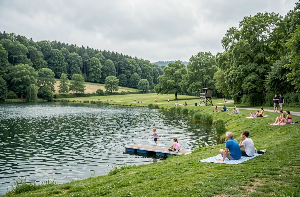 Baignade en plein air au Parc d'Olhain avec son lac naturel entouré de collines verdoyantes dans le Pas-de-Calais