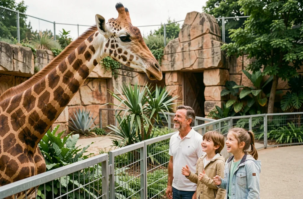 Père et enfants observant une girafe de près au Parc zoologique de Paris