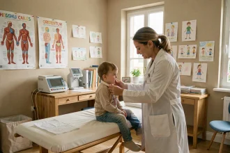 Pédiatre en consultation avec un jeune enfant dans un cabinet médical chaleureux en Bretagne