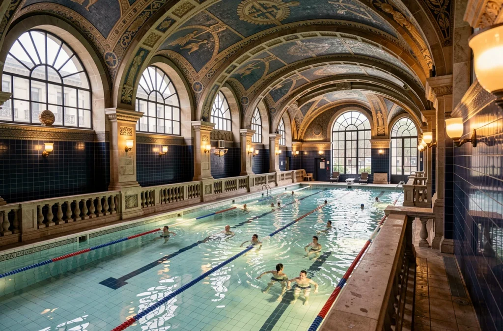Intérieur rénové de la piscine de Roubaix avec son architecture Art Déco, ses mosaïques et sa grande halle de natation