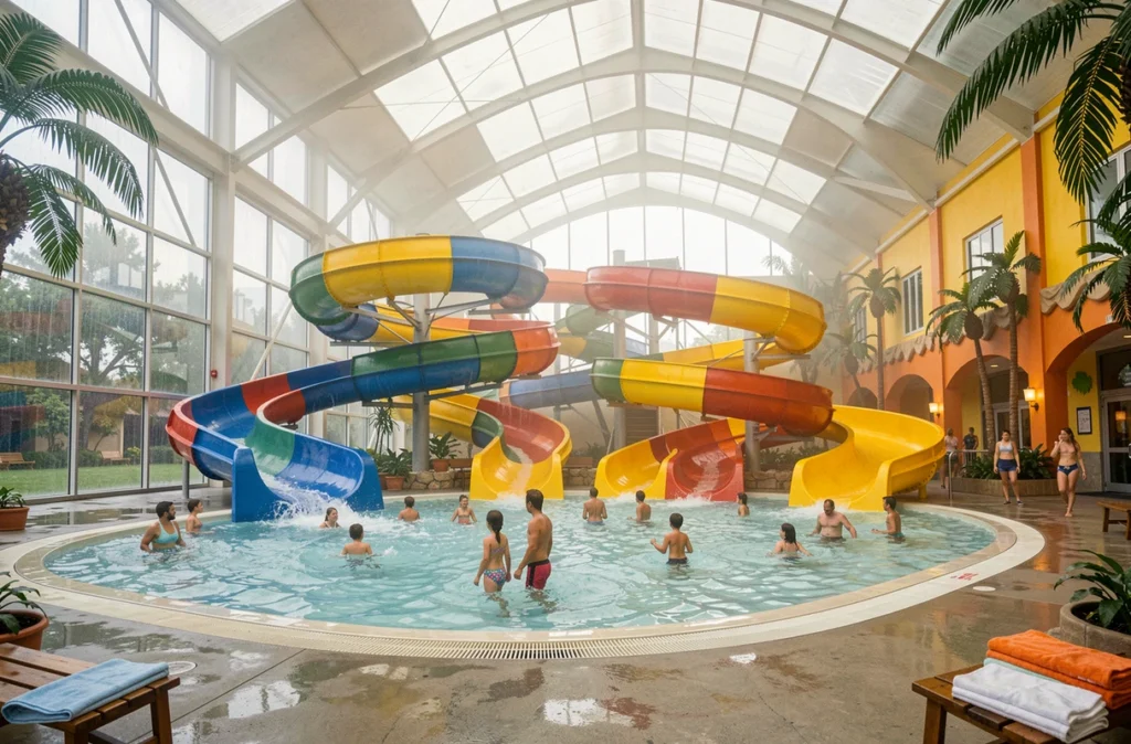 Hall intérieur du parc aquatique Plopsaqua De Panne avec ses toboggans colorés et ses piscines couvertes près de Lille