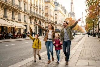 Famille joyeuse se promenant dans les rues de Paris pour découvrir les meilleures sorties en famille