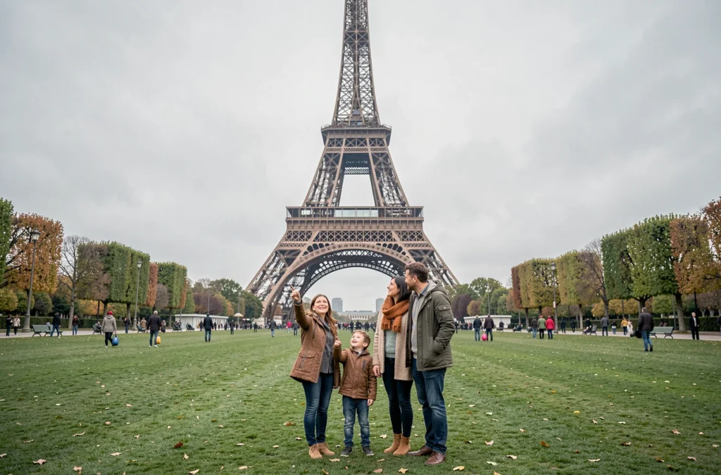 Famille admirant la Tour Eiffel depuis le Champ-de-Mars à Paris en automne
