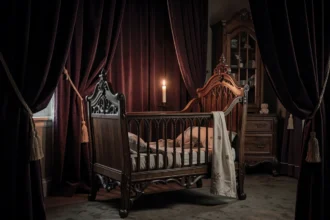 Berceau gothique dans une chambre sombre à la lumière d'une bougie