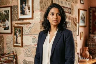 Femme d'origine algérienne en veste navy devant un mur en pierre orné de motifs berbères et de photos de famille, illustrant l'héritage culturel de Sabrina Medjebeur