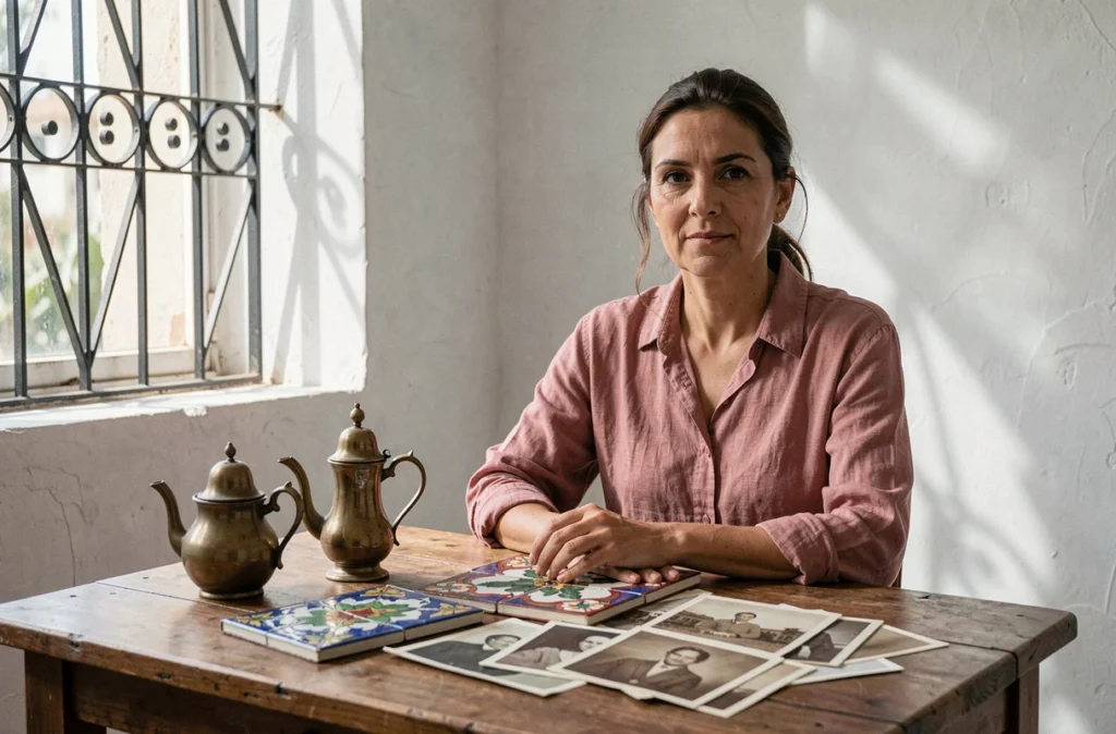 Femme aux traits méditerranéens assise devant des objets traditionnels algériens — service à thé en laiton, carreaux peints et photos sépia — évoquant les racines culturelles et familiales de Sabrina Medjebeur