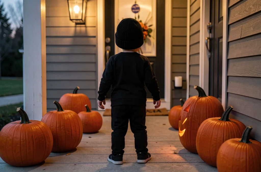 Tout-petit en tenue sombre entouré de citrouilles pour Halloween